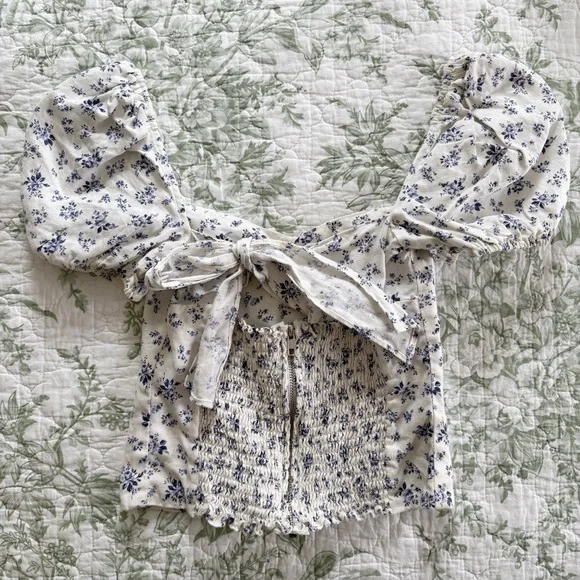 Reformation Casterly Linen Puff Sleeve Tie Back Top Madeline Floral Print Size 4 - Picture 7 of 8